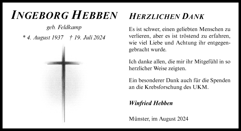  Traueranzeige für Ingeborg Hebben vom 31.08.2024 aus 