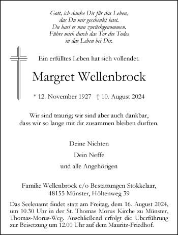 Anzeige von Margret Wellenbrock 