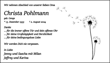 Anzeige von Christa Pohlmann 