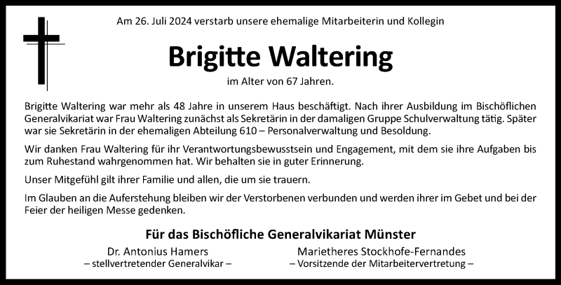 Traueranzeige für Brigitte Waltering vom 14.08.2024 aus 
