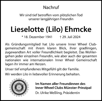 Anzeige von Lieselotte Ehmcke 