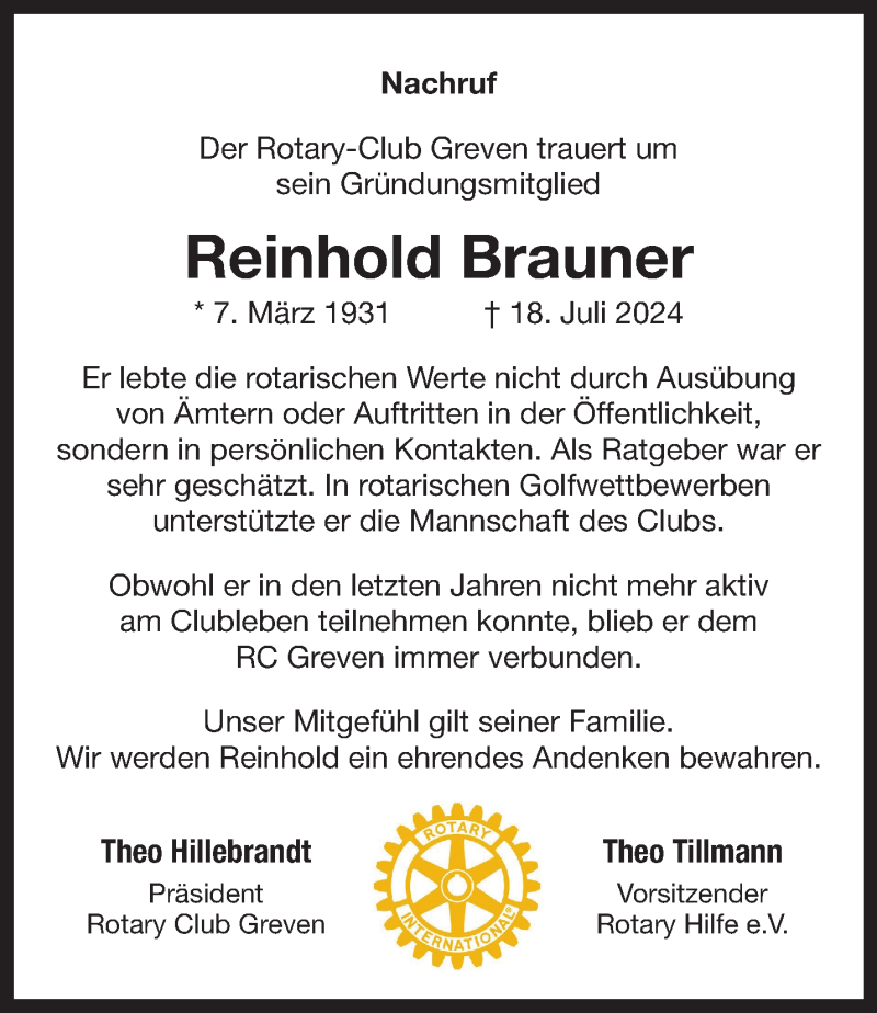  Traueranzeige für Reinhold Brauner vom 03.08.2024 aus 