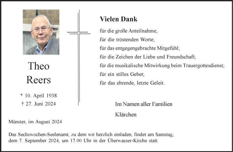  Traueranzeige für Theo Reers vom 24.08.2024 aus 