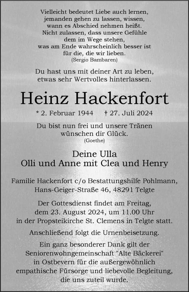  Traueranzeige für Heinz Hackenfort vom 03.08.2024 aus 