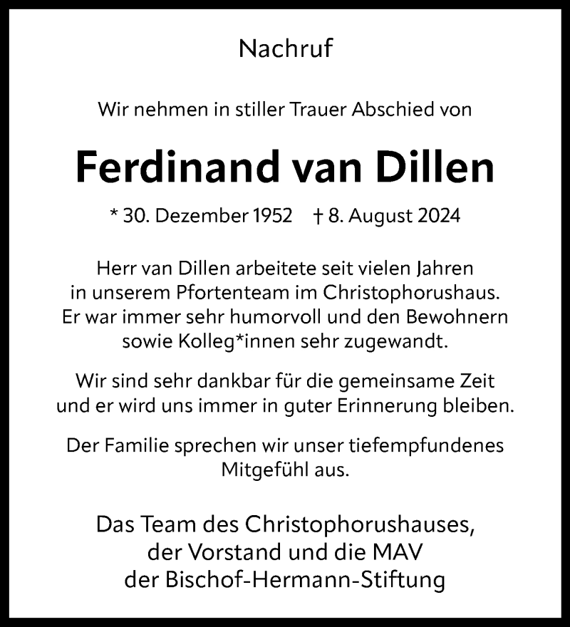  Traueranzeige für Ferdinand van Dillen vom 21.08.2024 aus 