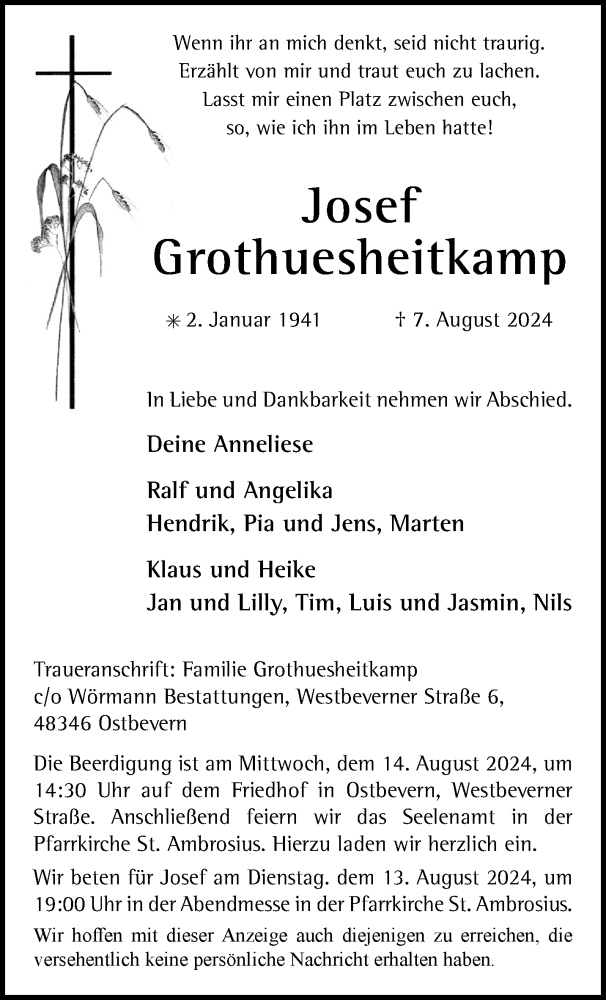 Traueranzeige für Josef Grothuesheitkamp vom 10.08.2024 aus 