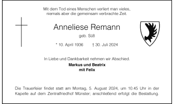 Anzeige von Anneliese Remann 