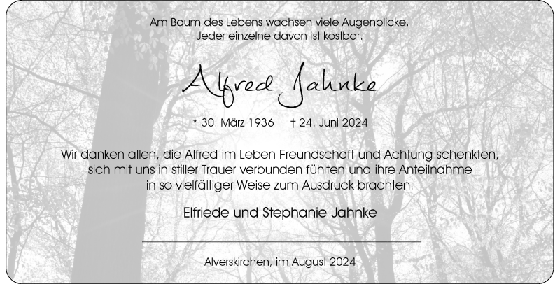  Traueranzeige für Alfred Jahnke vom 03.08.2024 aus 