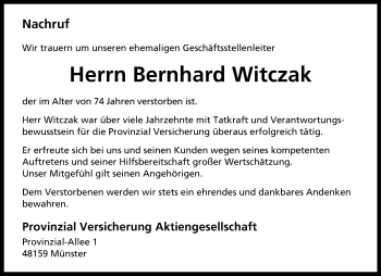 Anzeige von Bernhard Witczak 