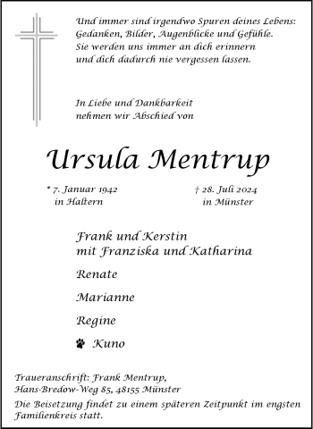 Anzeige von Ursula Mentrup 