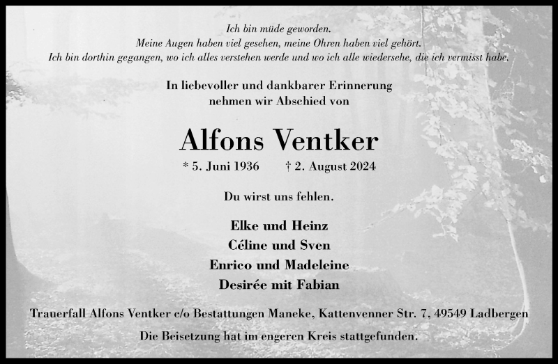  Traueranzeige für Alfons Ventker vom 10.08.2024 aus 