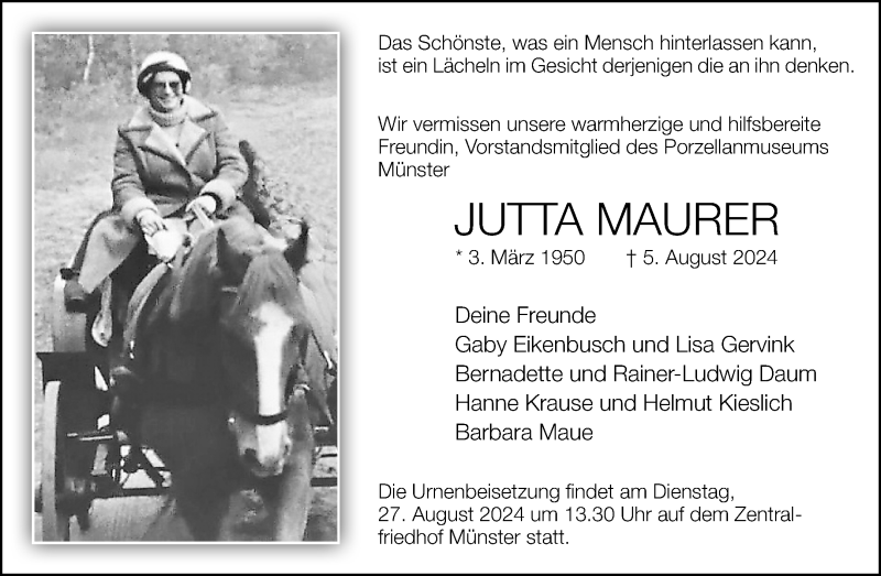  Traueranzeige für Jutta Maurer vom 17.08.2024 aus 