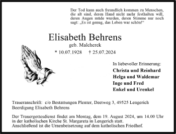 Anzeige von Elisabeth Behrens 