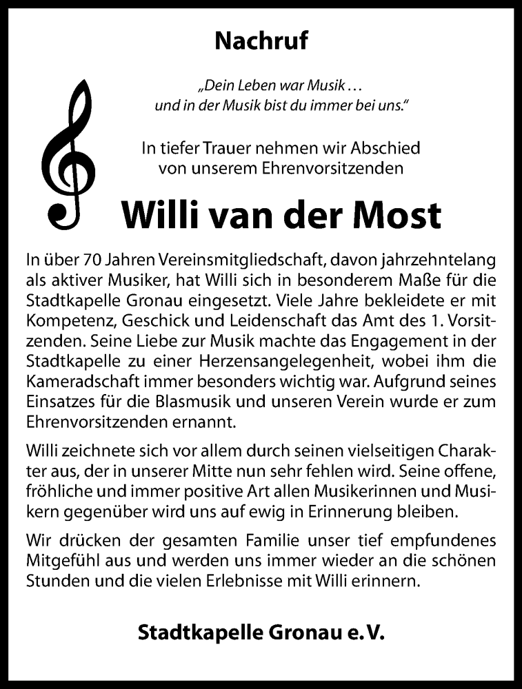  Traueranzeige für Willi van der Most vom 17.08.2024 aus 