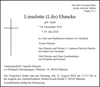 Anzeige von Lieselotte Ehmcke 