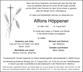 Anzeige von Alfons Höppener 