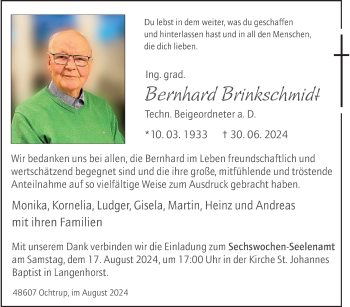 Anzeige von Bernhard Brinkschmidt 
