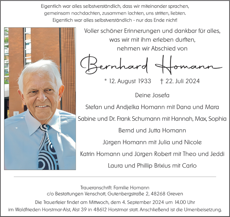  Traueranzeige für Bernhard Homann vom 03.08.2024 aus 