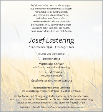 Anzeige von Josef Lastering 