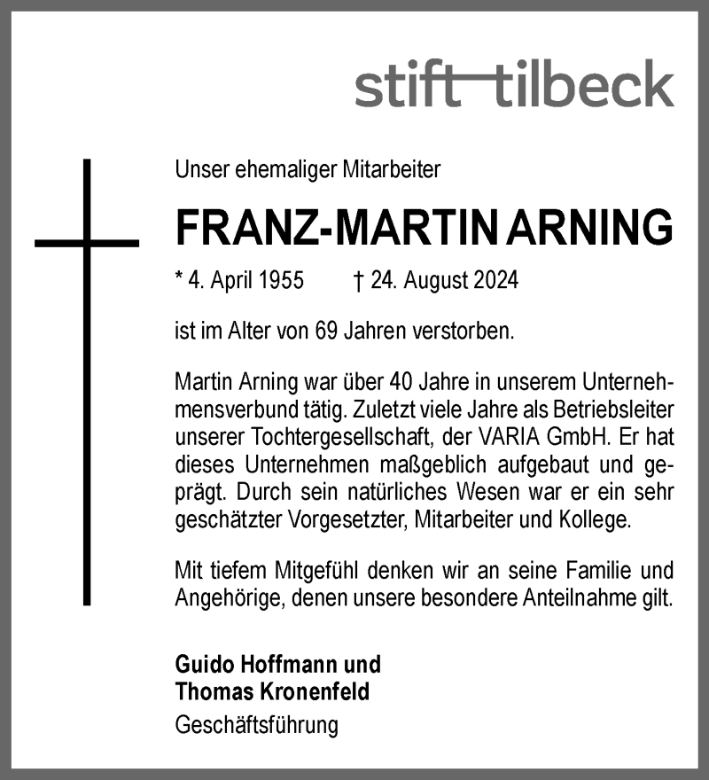  Traueranzeige für Franz-Martin Arning vom 31.08.2024 aus 