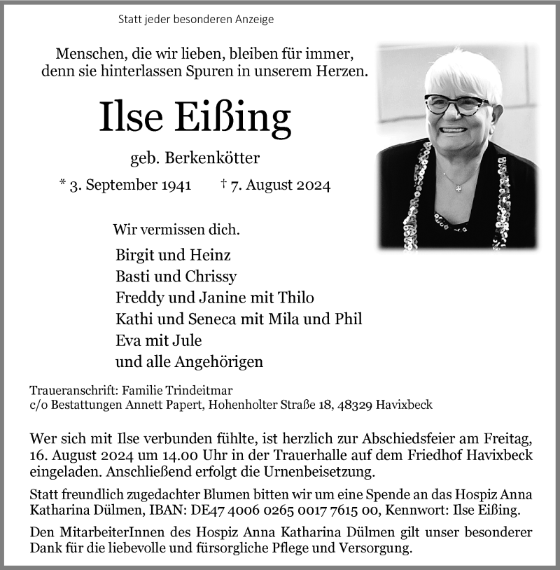  Traueranzeige für Ilse Eiing vom 14.08.2024 aus 