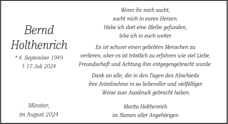  Traueranzeige für Bernd Holthenrich vom 24.08.2024 aus 