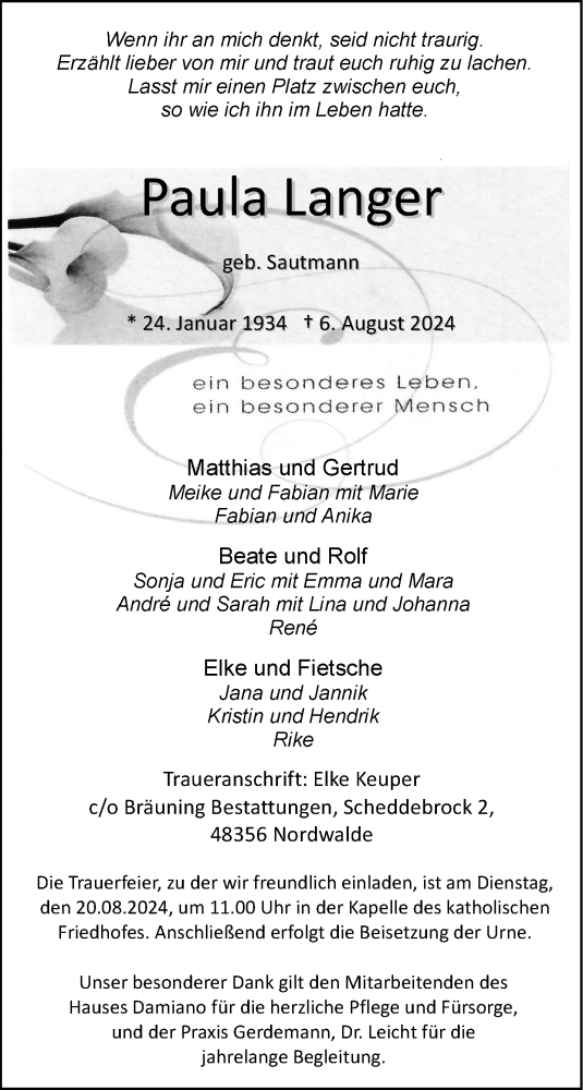  Traueranzeige für Paula Langer vom 14.08.2024 aus 