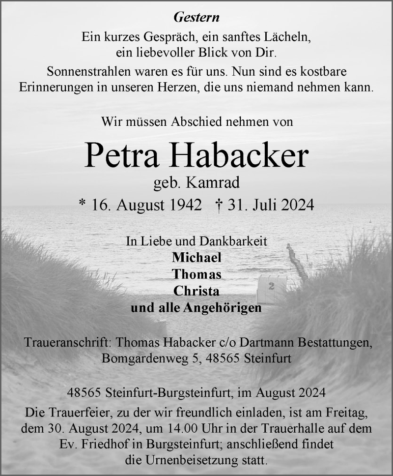  Traueranzeige für Petra Habacker vom 10.08.2024 aus 