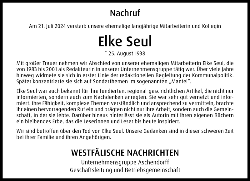  Traueranzeige für Elke Seul vom 03.08.2024 aus 
