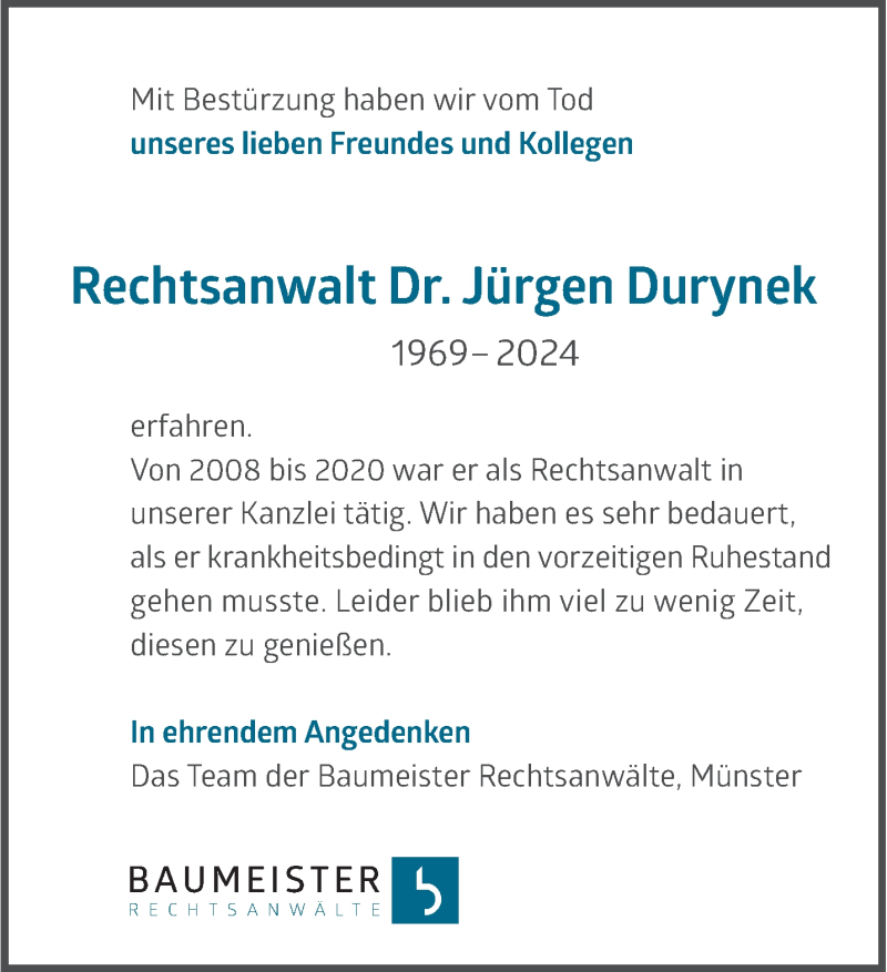  Traueranzeige für Dr. Jürgen Durynek vom 17.08.2024 aus 