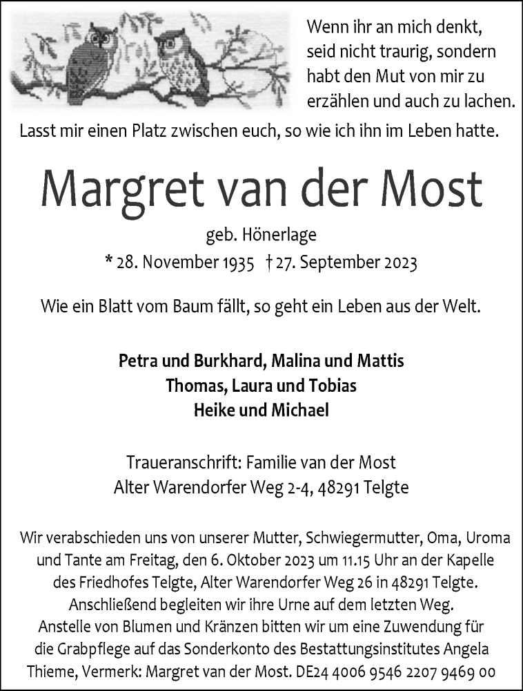  Traueranzeige für Margret van der Most vom 30.09.2023 aus 