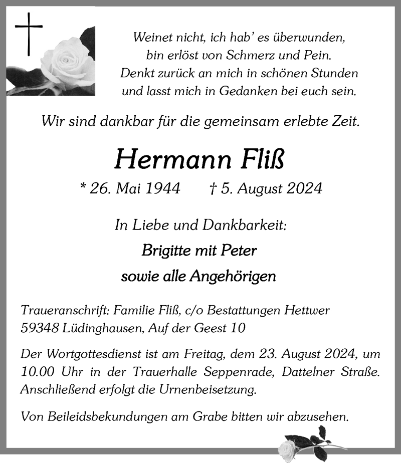 Traueranzeige für Hermann Fliß vom 17.08.2024 aus 