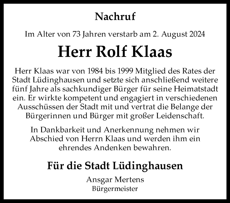 Traueranzeige für Rolf Klaas vom 10.08.2024 aus 