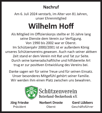 Anzeige von Wilhelm Hoff 