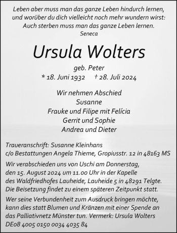 Anzeige von Ursula Wolters 