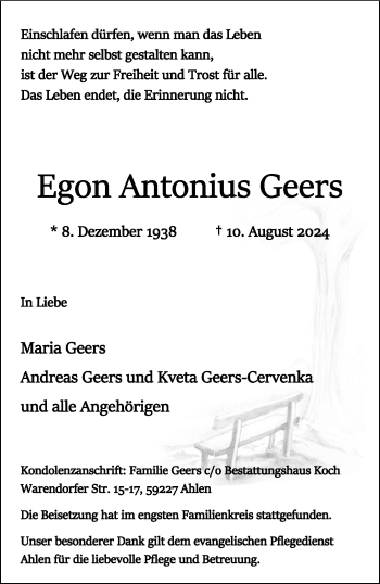 Anzeige von Egon Antonius Geers 
