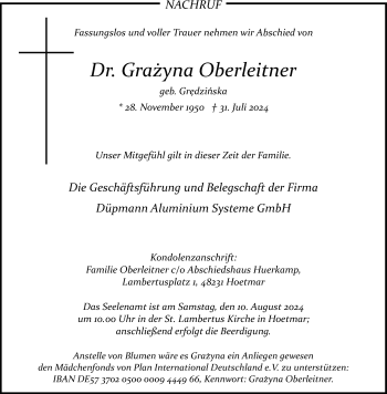 Anzeige von Dr. Grayna Oberleitner 