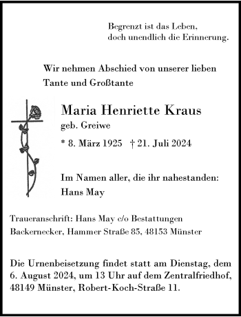 Anzeige von Maria Henriette Kraus 