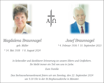 Anzeige von Josef und Magdalena Braunnagel 