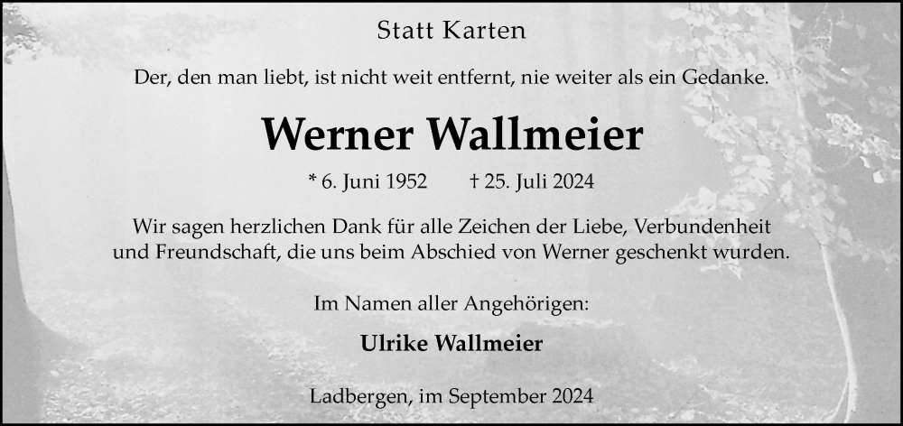  Traueranzeige für Werner Wallmeier vom 14.09.2024 aus Westfälische Nachrichten