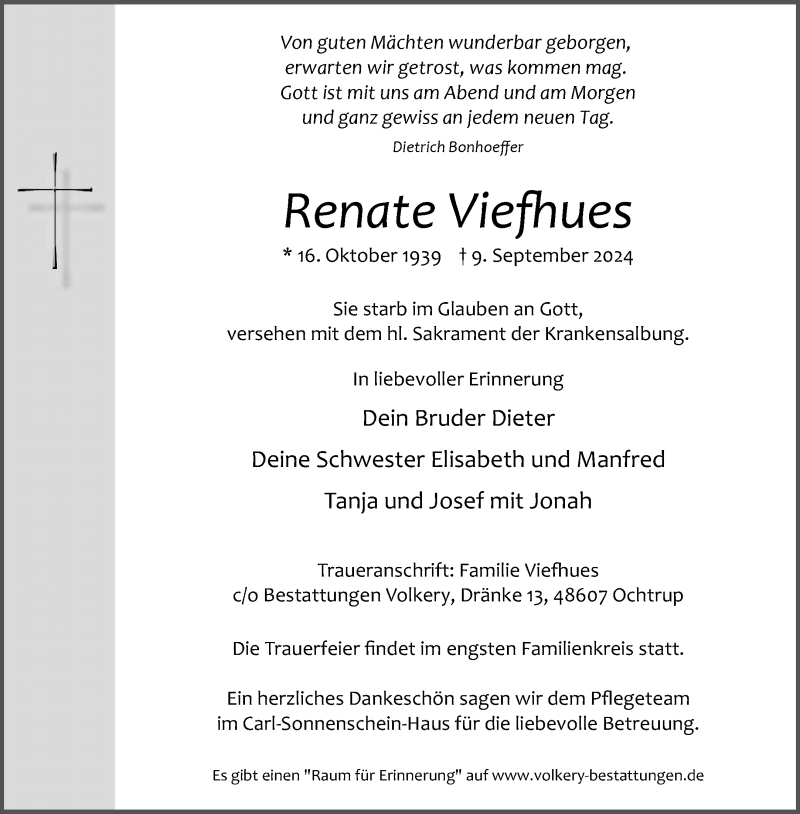 Traueranzeige für Renate Viefhues vom 13.09.2024 aus 