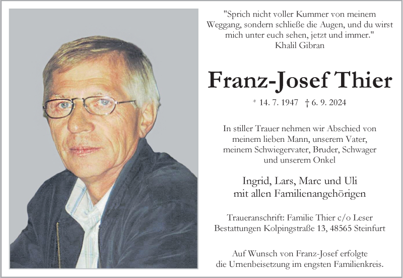  Traueranzeige für Franz-Josef Thier vom 21.09.2024 aus 