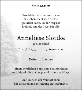 Anzeige von Anneliese Slottke 