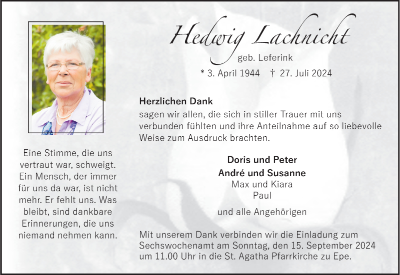  Traueranzeige für Hedwig Lacknicht vom 11.09.2024 aus 