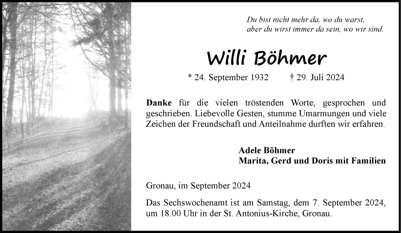 Traueranzeige für Willi Böhmer vom 04.09.2024 aus 