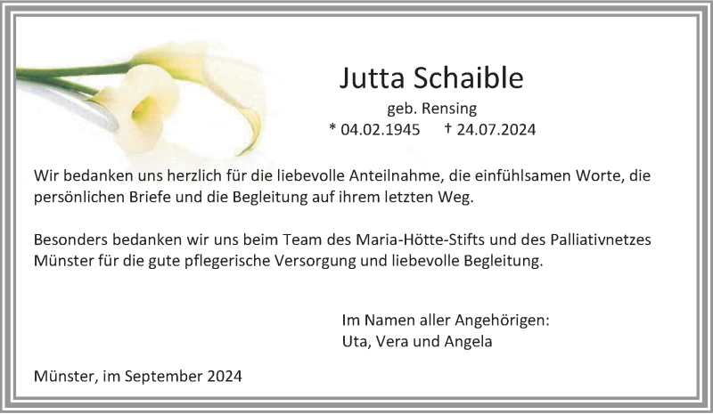  Traueranzeige für Jutta Schaible vom 21.09.2024 aus 
