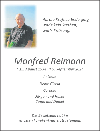 Anzeige von Manfred Reimann 