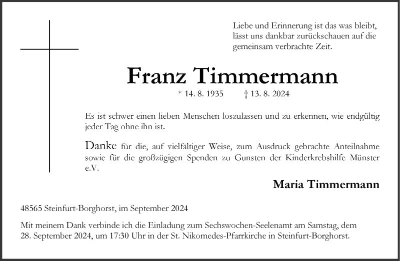  Traueranzeige für Franz Timmermann vom 21.09.2024 aus 