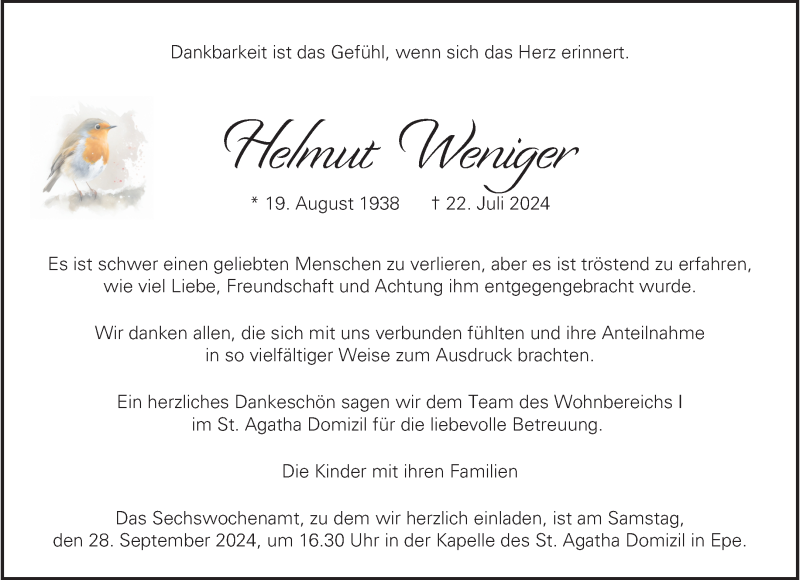  Traueranzeige für Helmut Weniger vom 21.09.2024 aus 