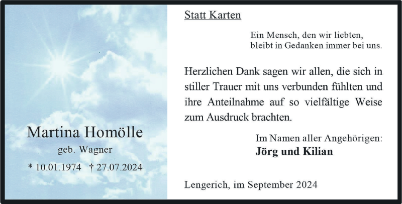  Traueranzeige für Martina Homölle vom 14.09.2024 aus 
